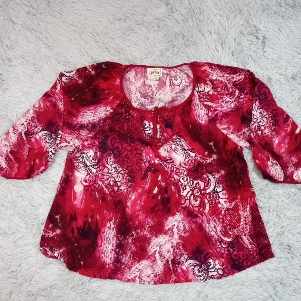 Ariat Womens Shirt Blouse Red Medium Abstract Print Pullover 3/4 Sleeve Cowgirl